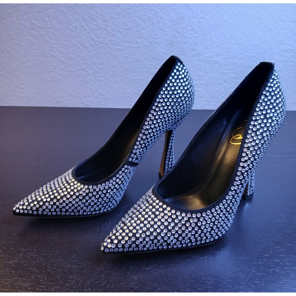 Sam Edelman Antonia Glitz Black Suede Rhinestone Pointed Toe Flared HeelPump 8.5